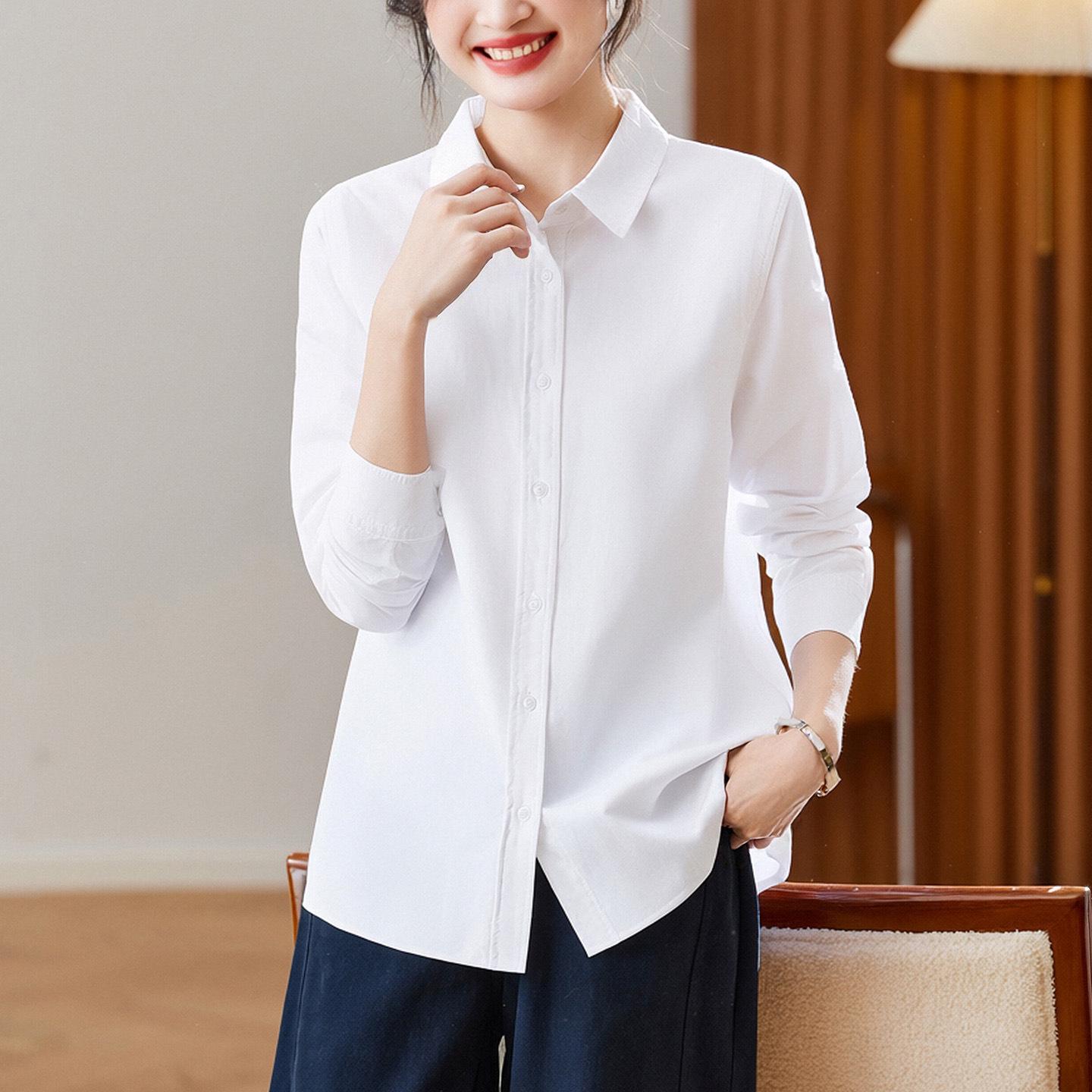 Women s Long Sleeve Blue Cotton Oxford Shirt - Loose Casual Spring 2026 Top L белый