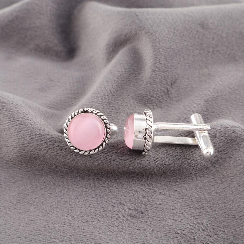 Natural Pink Cat's Eye Gemstone 925 Sterling Silver Jewelry Handmade Cufflinks CL-3-25