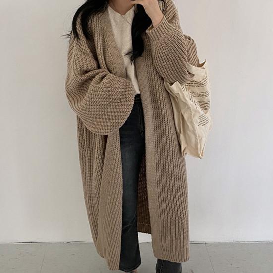 Women Knitted Sweater Coat V-Neck Long Sleeve Open Front Solid