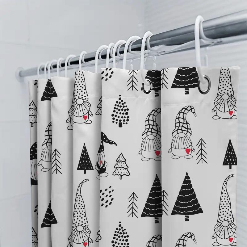 Modern Nordic Christmas-Themed Bathroom Shower Curtain Featuring Black And White Woodland Gnomes With Red Hearts For A Festive T