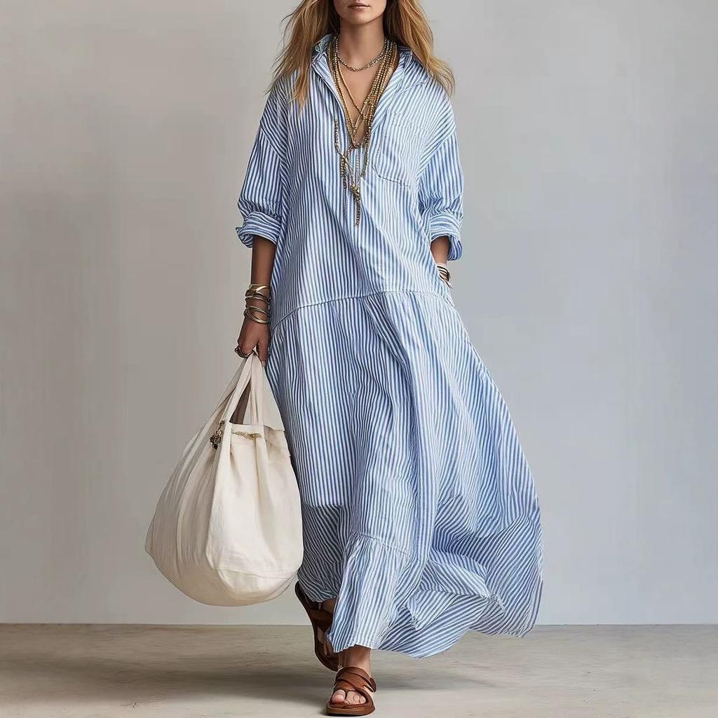 2026 European and American Vertical Striped Lapel Shirt-style Dress, Loose Shoulder Long-sleeved Lotus Leaf Pendulum Super Long Shirt Skirt