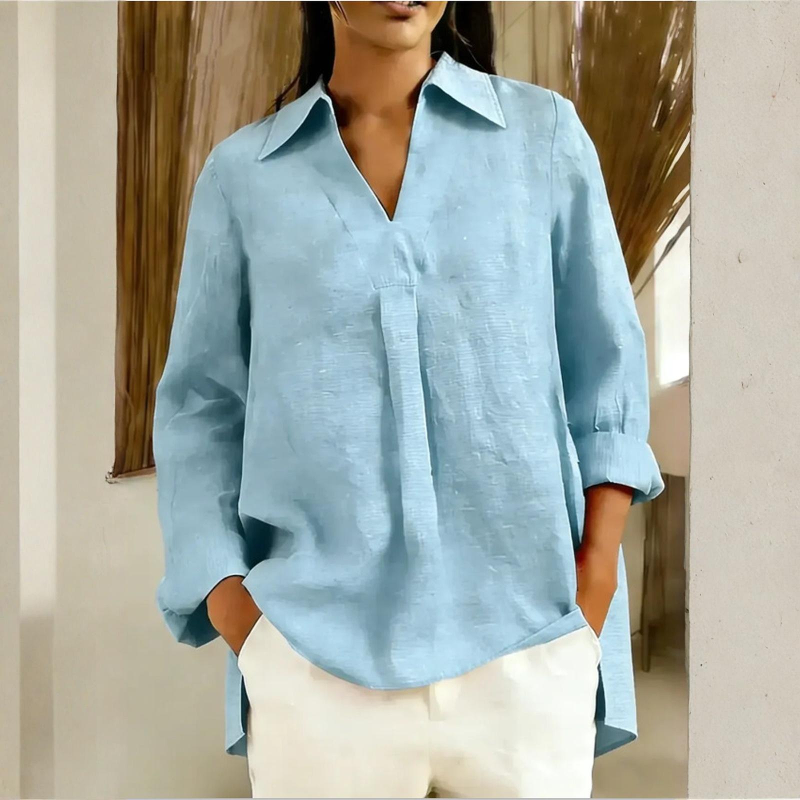 

Женский цветной свободный повседневный топ с V-образным вырезом, воротником и длинным рукавом XXXL