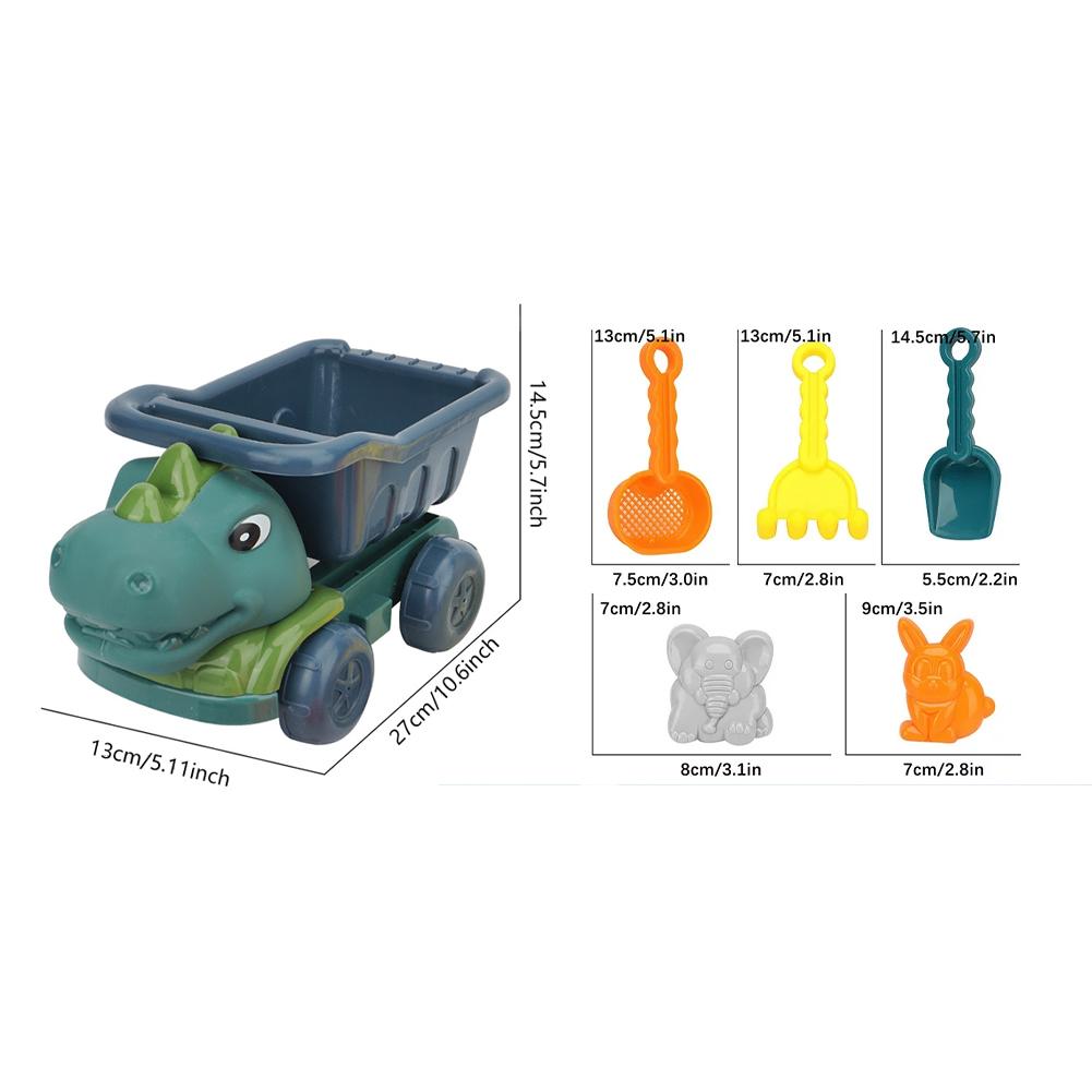 6Pcs Dinosaur Summer Beach Toys with Dump Truck Sand Molds Shovel Rake Sand Sifter Sand Toys for Kids Toddlers Boys Girls