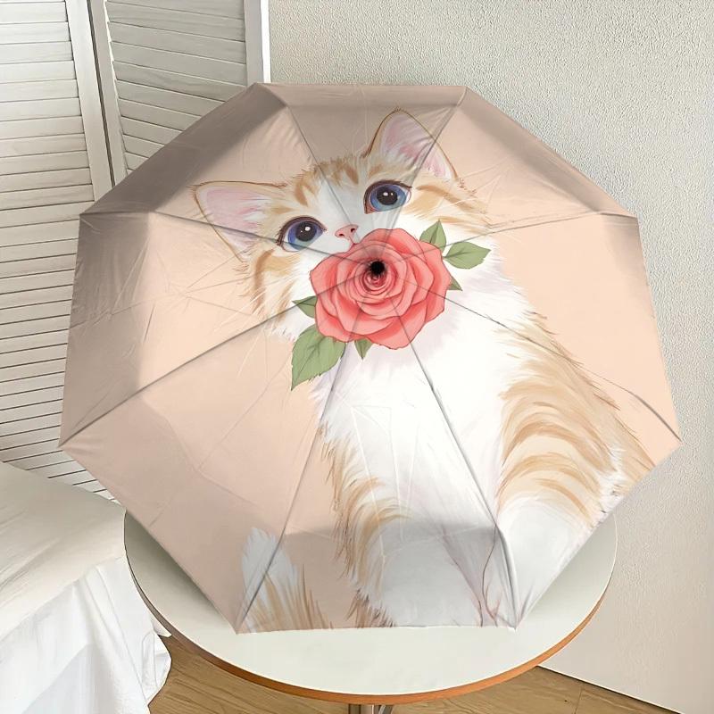 Adorable Cat with Rose Print Umbrella: Automatic Opening/Closing, Outdoor Protection, Lightweight and Durable Travel Accessory 087
