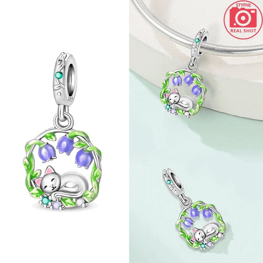 Pendants Woman Original Copper Bead Purple Flower Bellflower Cat Stars Moons Fit Bracelet Women Gift Jewelry Accessory Set
