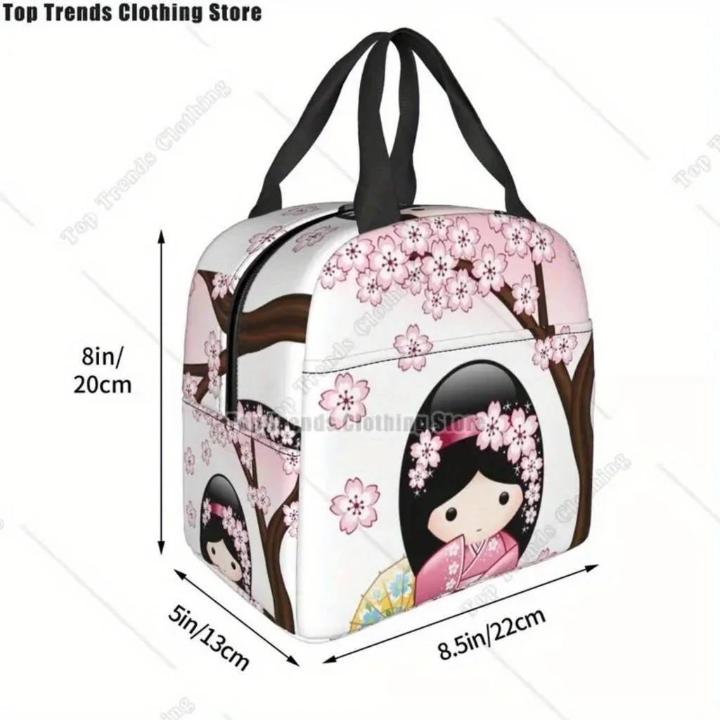 Cherry Blossom Kokeshi Doll Insulated Lunch Bag - Reusable Thermal Cooler Bento Box with Cute Sakura Design