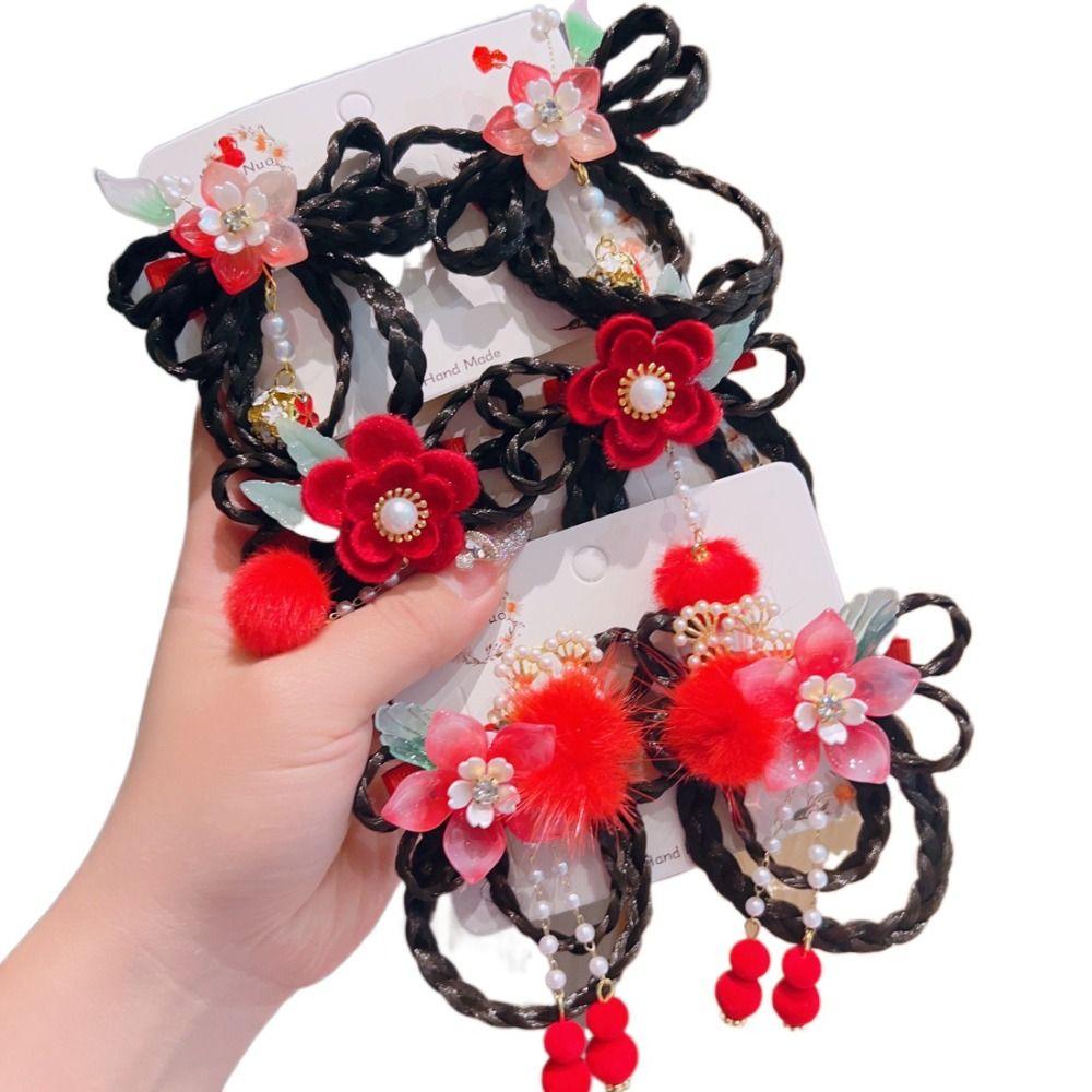 2pcs Flower Tassel Children Bow Hairpin Chinese Style Hanfu Side Clip Wig Braid Hairpin  Girls