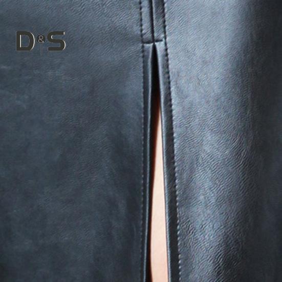 Women Skirt High Waist Sheath Slim Fit Skinny Faux Leather Split Hem Knee Length Solid Color Smooth Zipper Closure OL Commute Lady Midi Skirt