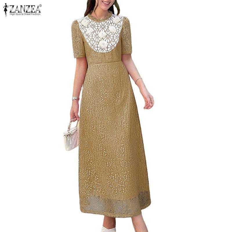 ZANZEA Women Casual Round Neck Short Sleeve Summer Lace Patchwork Long Dress