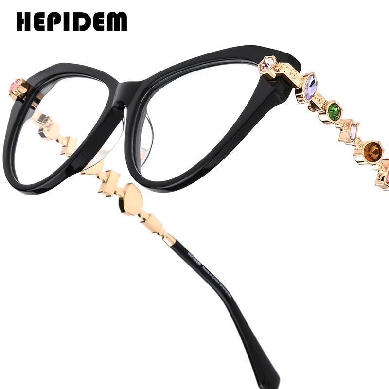 FONEX HEPIDEM Acetate Metal Diamonds Eyeglasses Frame Women 2026New Cat Eye Brand Design Glasses Fashion Eyewear Spectacles 9400