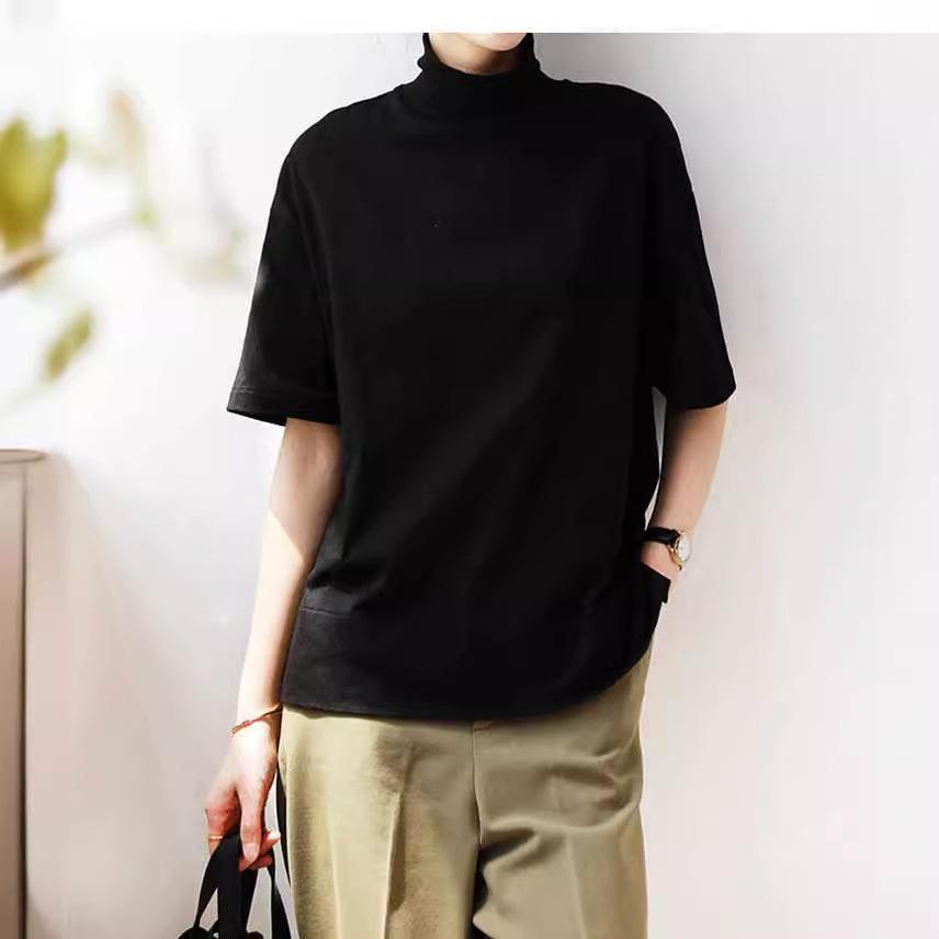 Women's Turtleneck Short Sleeve Tee Loose Fit Casual Basic Top Solid Color Summer Daily Wear