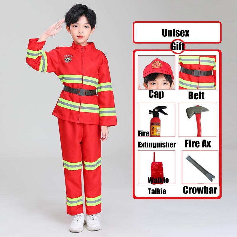 Dziecięcy strój strażaka do przebierania czerwony poliestrowy zestaw kostiumowy strażaka z paskiem i czapką z daszkiem