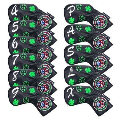 Große Zähne Golf Eisen Schlägerhauben Set (11 Stück: 4-9, P, A, S, L, X) mit gestickten Nummern, langem Hals, elastischem Verschluss, Kleeblatt-Stickerei, synthetisch l