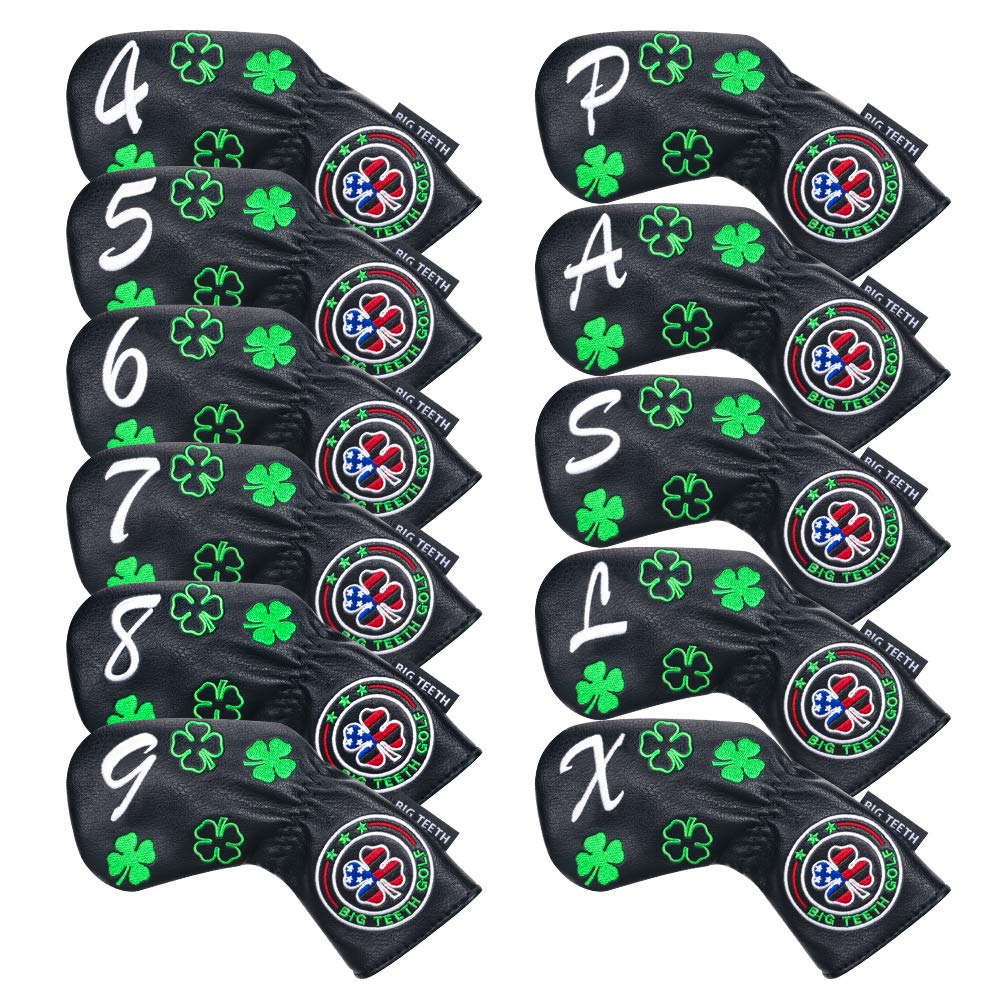 

Чехлы для гольф-айронов Big Teeth, набор 11 штук, вышитые номера, длинное горлышко, эластичная застежка, вышивка клевера, синтетическая кожа, черный (4-9, П, чёрный