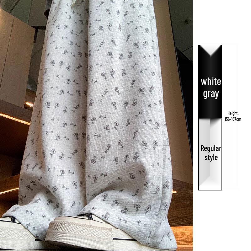 Petite White Floral Wide-Leg Women's Sweatpants: New Loose Casual Straight-Leg Pants for Spring, Summer, Autumn 2025