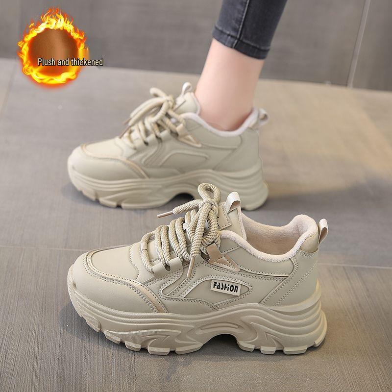 Fleece-Lined Leather Women's Sneakers: Trendy, Lightweight, Height-Boosting Casual Winter Shoes