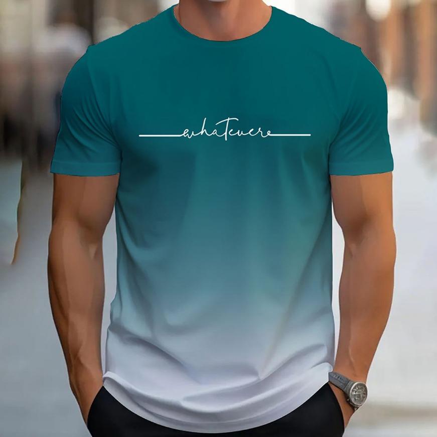 Gradient Letters Crew Neck Short Sleeve Alphabet Print T-Shirt Casual Weekend Wear for Men and Teens Vacation Resorts Spring/Summer/Fall