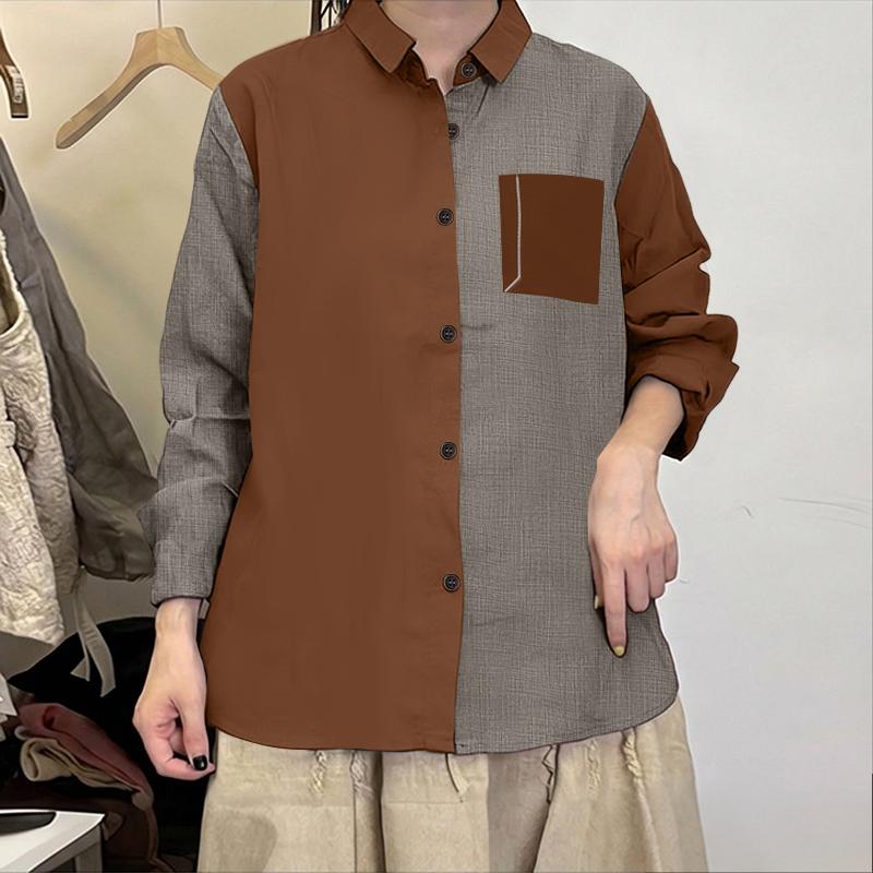 ZANZEA Women Casual Turn Down Collar Long Sleeve Patchwork Blouse