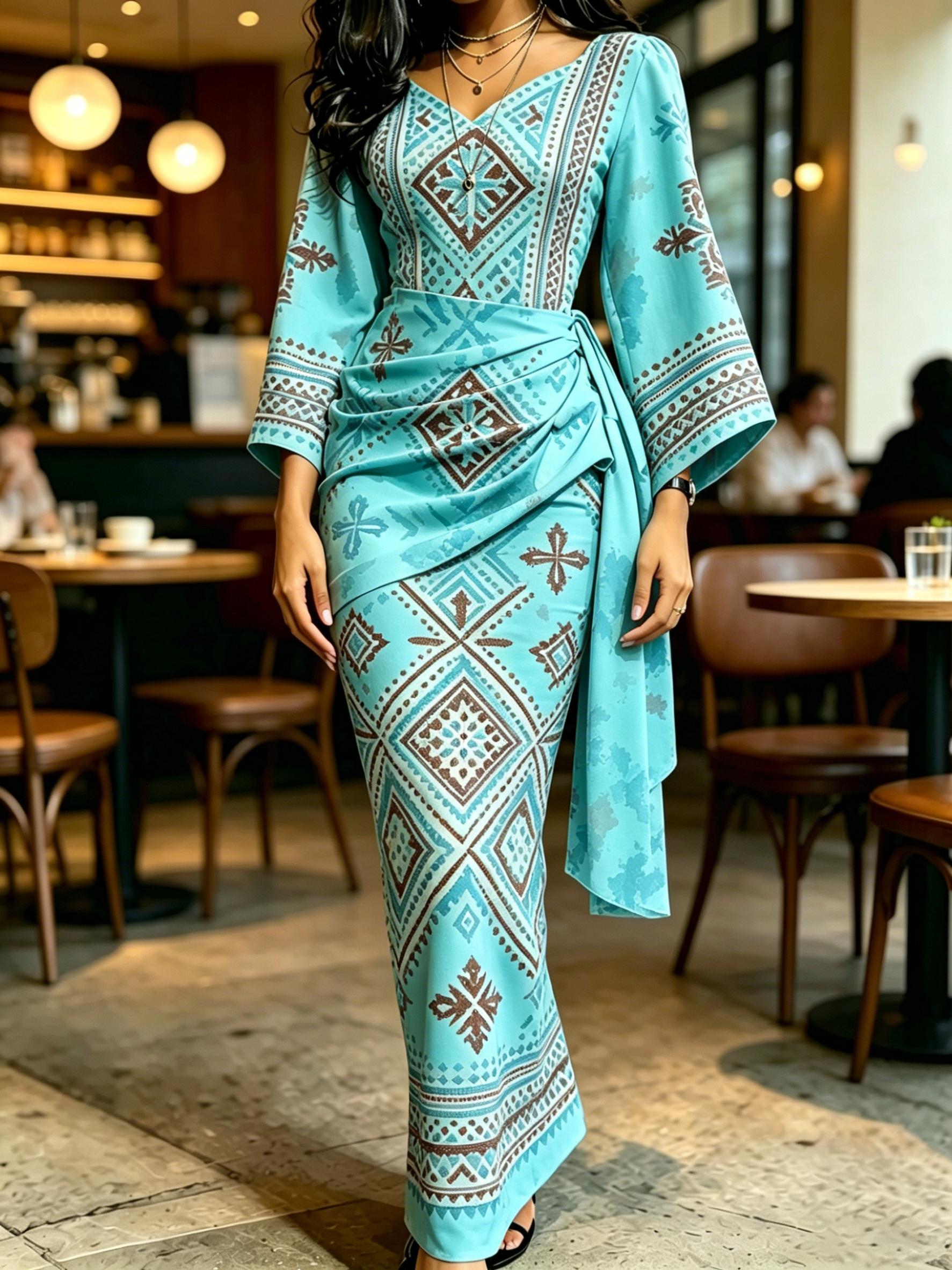 Women s Blue Ethnic Diamond Print V Neck Wrap Maxi Dress Ruched Waist Kimono Sleeve Vintage Dress XS