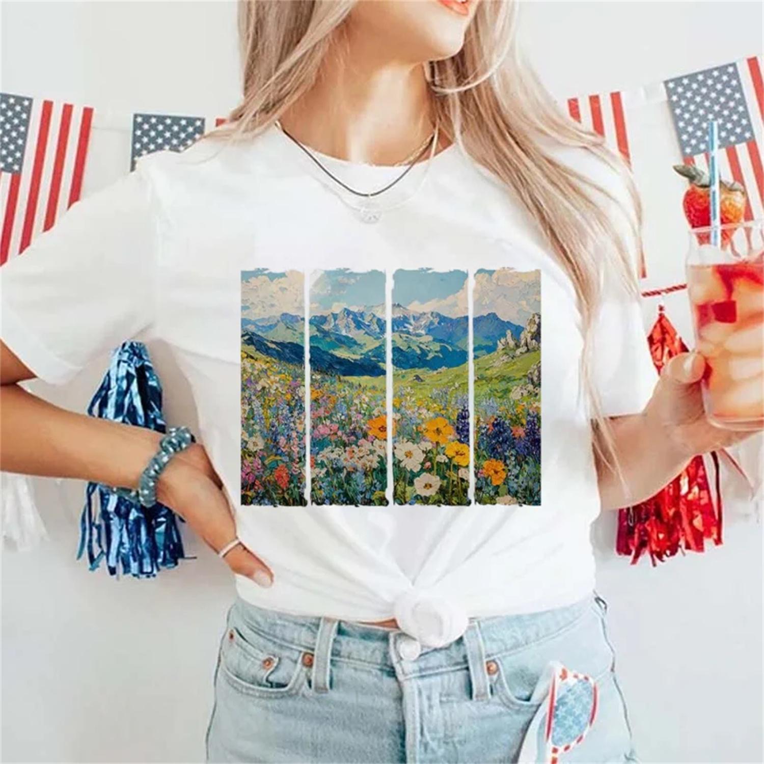 Sweet and Lovely Flower Landscape Pattern Women s Trendy Versatile Top Casual Basic Printed Fashion Women s Short Sleeved T-Shir S