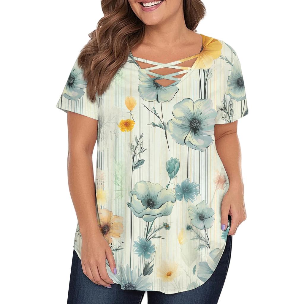 Women's Fashion Casual Printed V-Neck Short Sleeve Large Size T-Shirt Top
