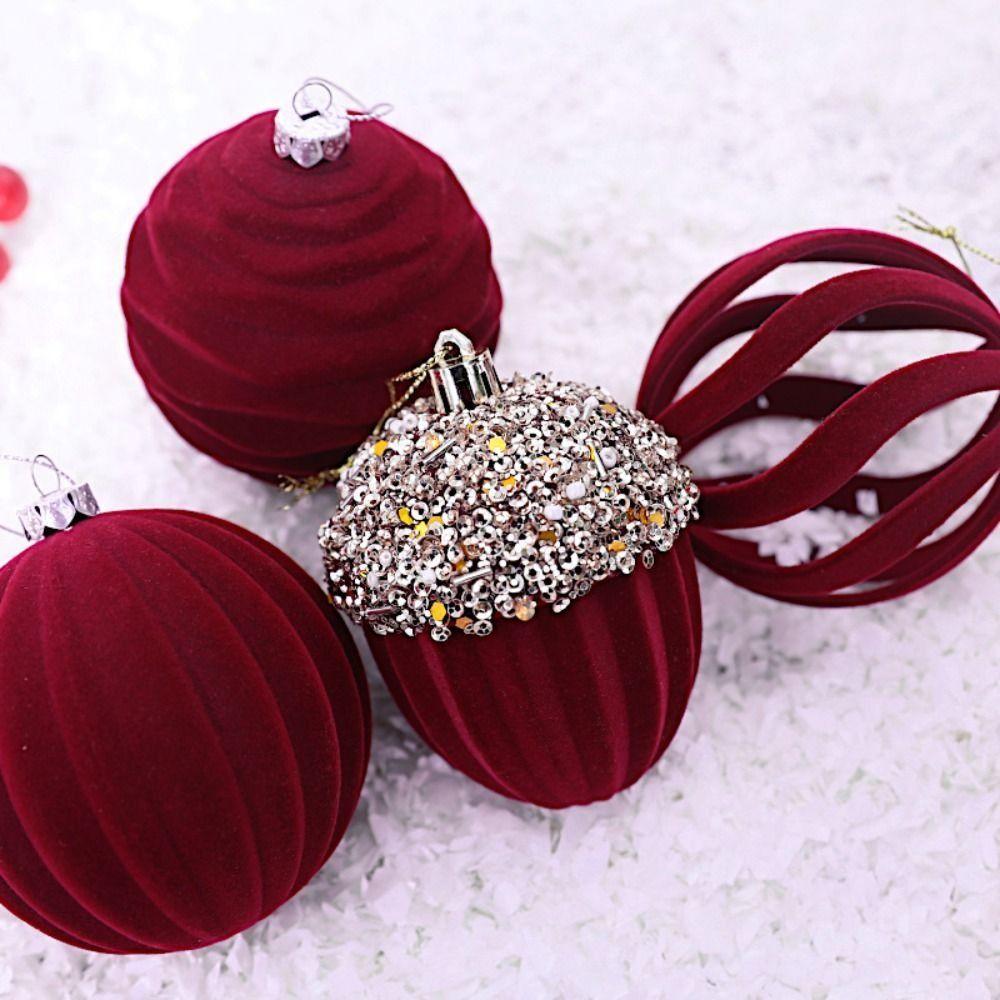 4pcs Flocked Christmas Tree Pendant Delicate Xmas Hanging Ornament Velvet Christmas Ball  Shop