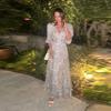Elegant Watercolor Floral Long Dress Women V Neck Ruffle Puff Sleeve Slit Dress Self Belt Waist Flowy Chiffon Dress Wedding Guest Party Daily Outing