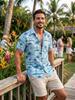 [Print Design - Not Textured] Light Blue Palm Tree Wave Print Short Sleeve Shirt, Men'S Lapel Open Collar Beach Vacation Style Half Sleeve Blouse,