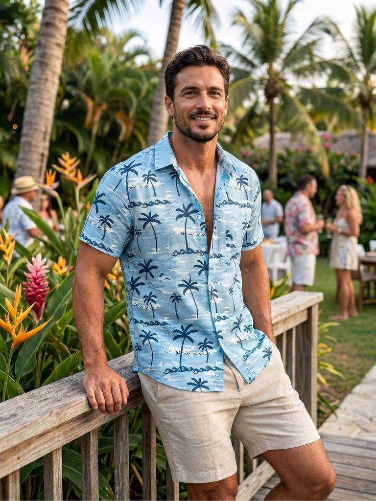 [Print Design - Not Textured] Light Blue Palm Tree Wave Print Short Sleeve Shirt, Men'S Lapel Open Collar Beach Vacation Style Half Sleeve Blouse,