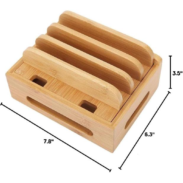 Oumefar Bamboo Multi-Device Stand Holder Charging Station Phone Tablet Charger Organizer 4 in 1 Charging Station for Multiple Devices for Meeting