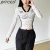 BITCED Autumn Women's Solid-Colour Slim-Fit Cropped V-Neck Long-Sleeved Printed Top
