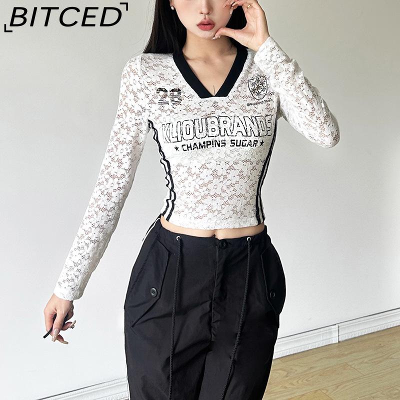 BITCED Autumn Women's Solid-Colour Slim-Fit Cropped V-Neck Long-Sleeved Printed Top