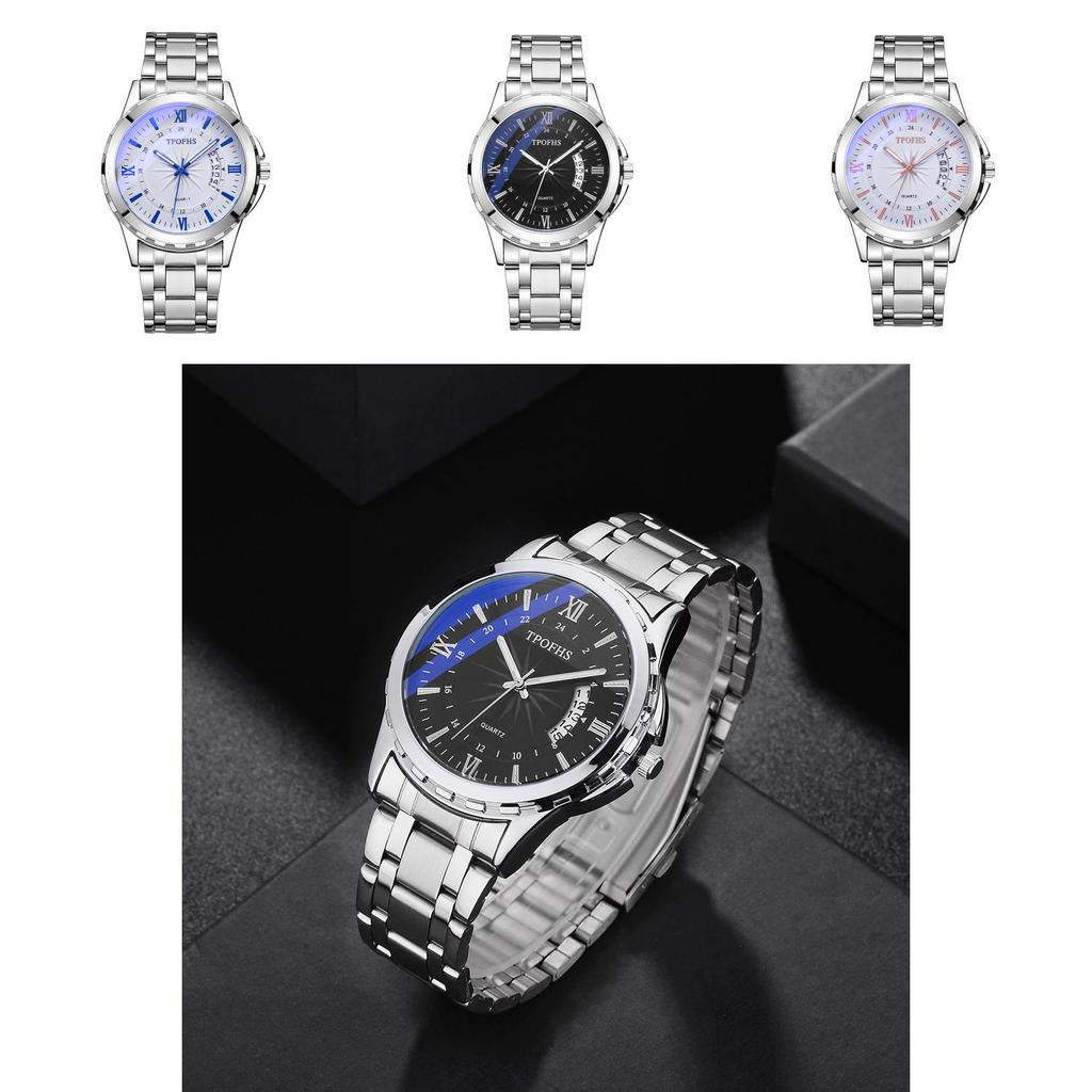 Blue Classic Light Steel Strap Mens Watch Waterproof With Calendar Function Movement Quartz