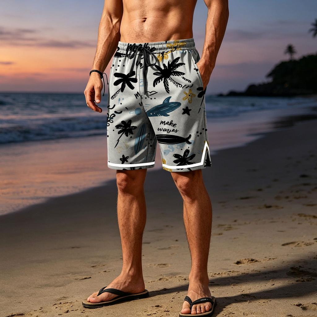 Men Mesh Breathable Casual Sports Shorts with Elastic Waistband and Drawstring Beach Style Printed Design for Summer Activities