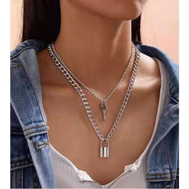 European and American Jewelry, Metal Chain Key Lock Pendant Necklace Female, Retro Hip-hop Necklace Sweater Chain