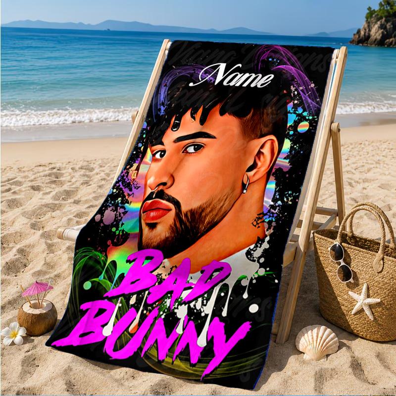 Custom Name Beach Towel Heart Bad Bunny Journal Microfiber Beach Towel, Lightweight for Summer Travel, Swimming Pool Fan Birthday Gift
