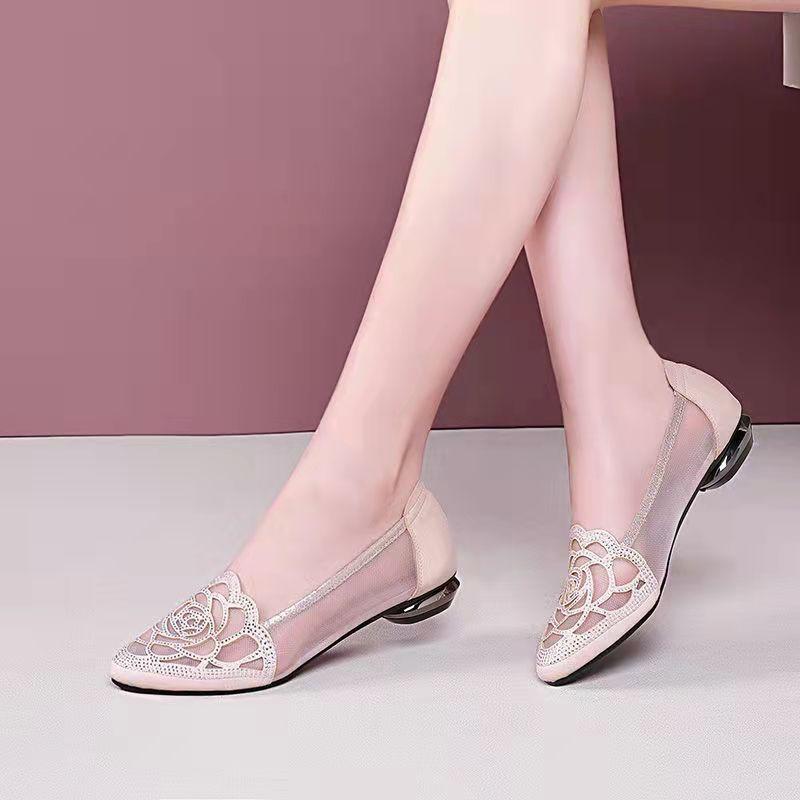 Large Size Hollow Breathable Sandals, New Low-heeled One-pedal Rhinestone Bag Head Mesh Pointed Single Shoes In Summer 2025