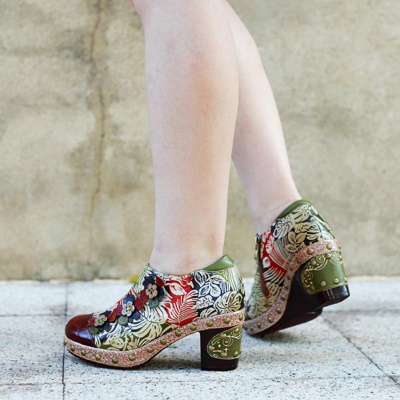 New In Autumn and Winter, Hand-polished Leather Retro Flower Three-dimensional Flower Comfortable Thick Heel High Heels