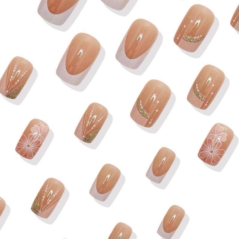 Flower Press on Nail Square False Nail Glossy Acrylic Nail Artificial Nail Full Cover Stick on Nail for Women 24Pcs