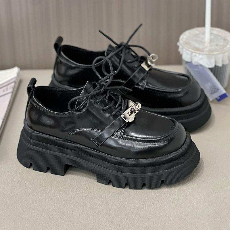 Coarse heel metal buckle single shoes women's new platform Mary Jane lace-up leather shoes