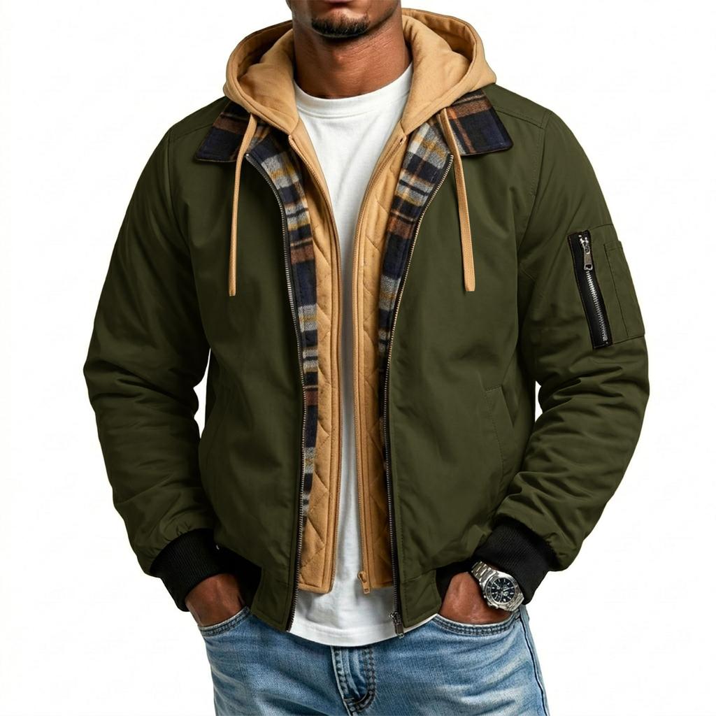 Men's Casual Hooded Flight Jacket with Plaid and Multiple Pockets