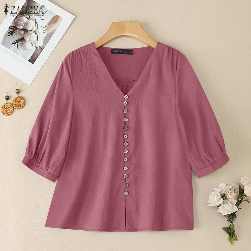 ZANZEA Women Casual V-Neck Solid Color Summer Half Sleeve Blouse