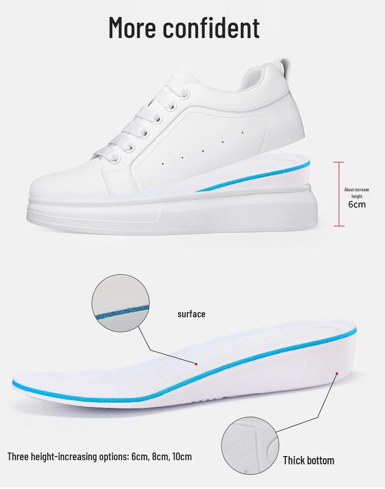 Men's White Height-Increasing Sneakers with Thick Sole, Invisible Inner Lift, and Casual Style, Large Sizes Available, 10cm Boost.