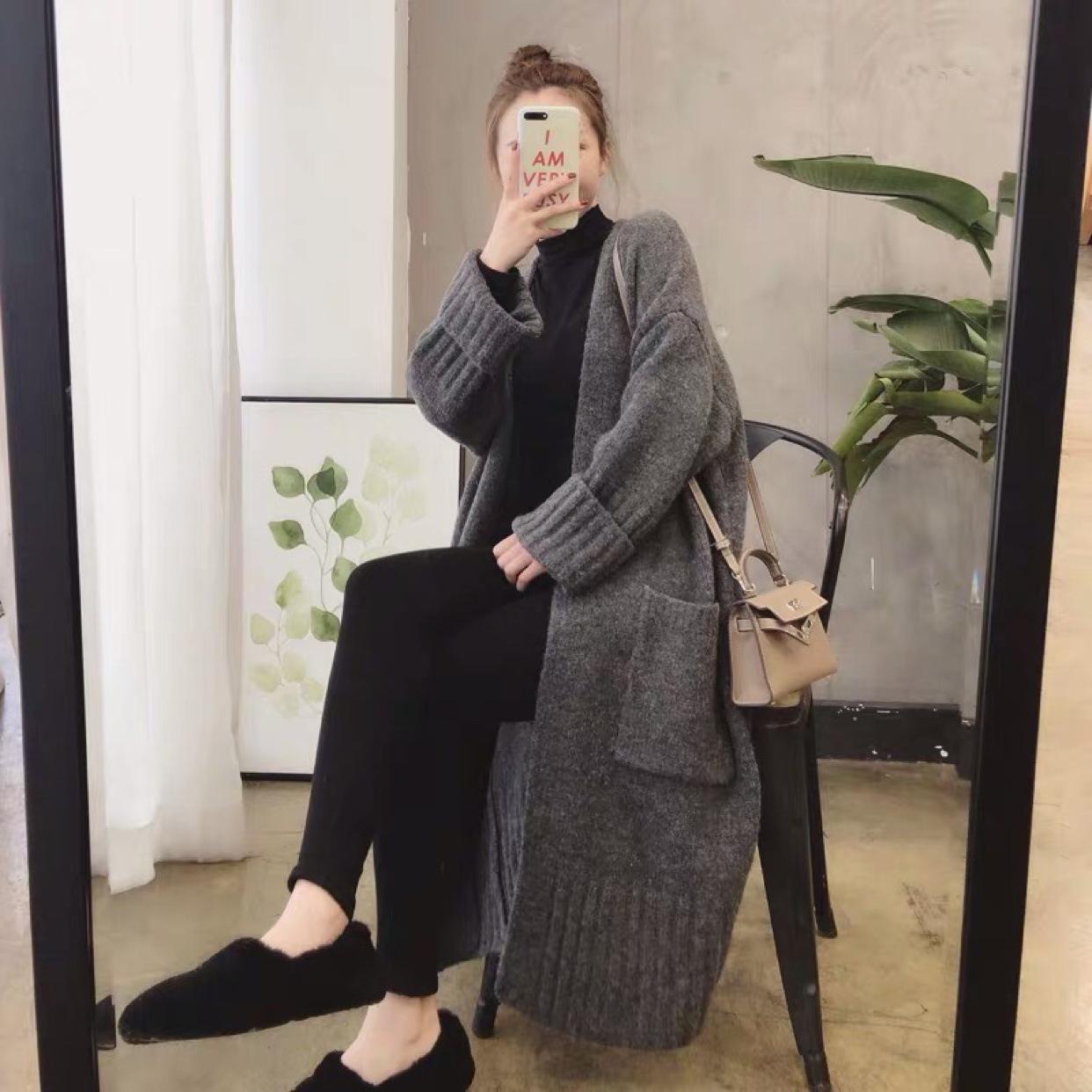 

2025 Korean Style Thick Knit Mid-Length Cardigan for Women One Size темно-серого