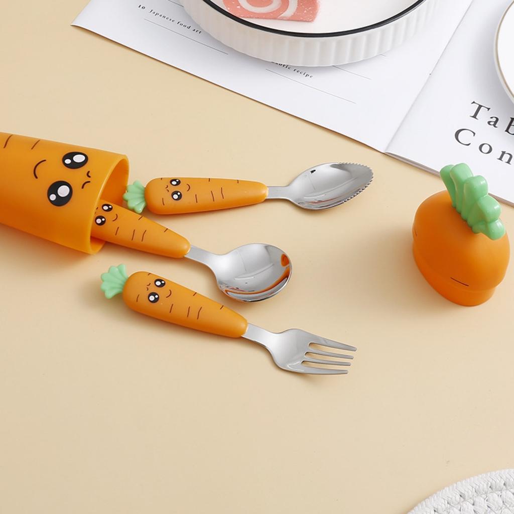 3-piece Creative Cartoon Carrot Tableware Set Stainless Steel Children's Fruit Food Supplement Fork Spoon Short Handle Tableware