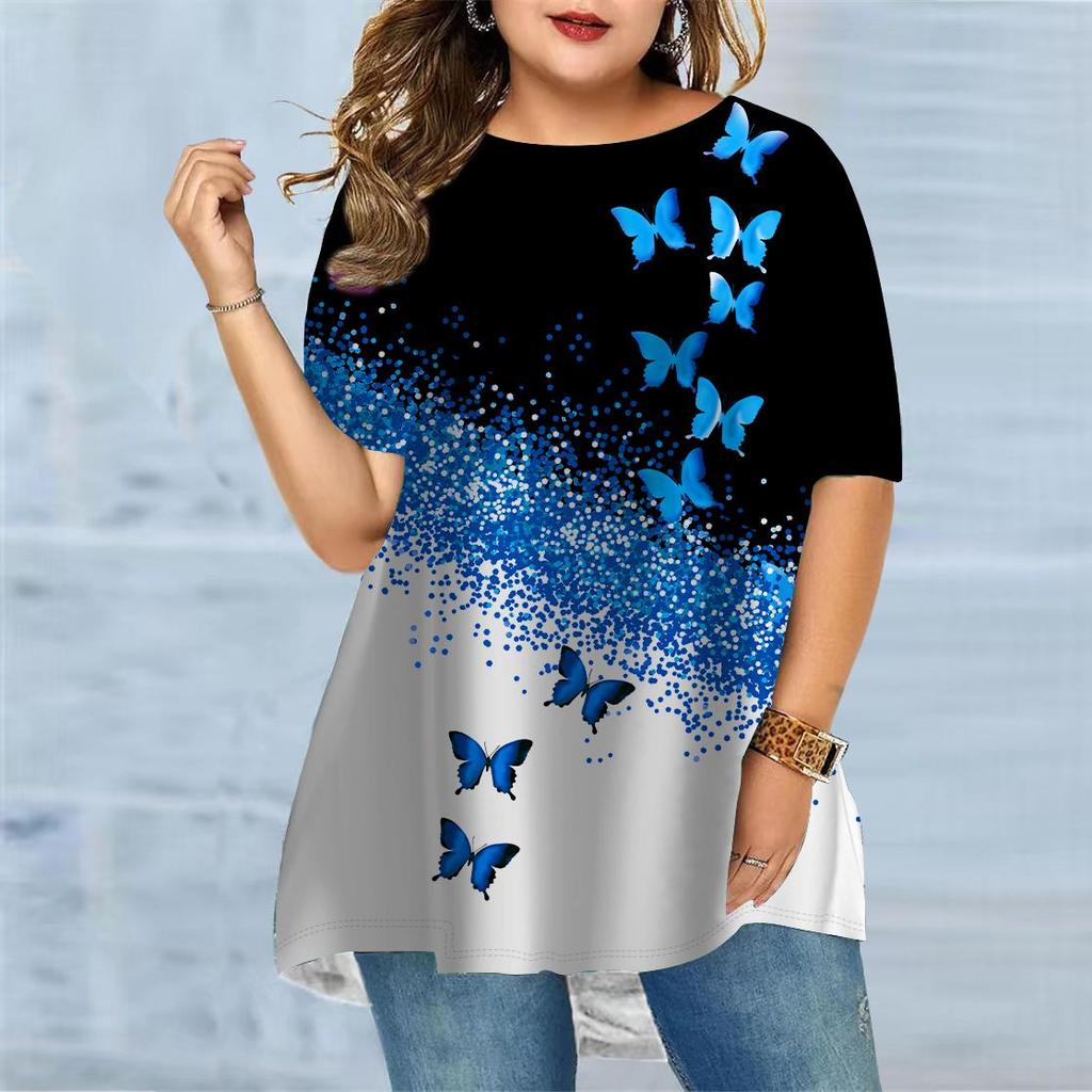 Ladies Summer Colorful Flower Butterfly Printed Large Loose Casual T-shirt Fashionable Comfortable Soft Breathable Short Sleeved T-shirt