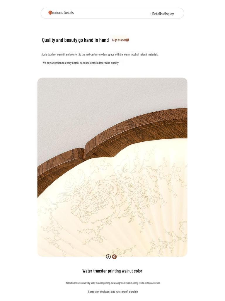 Chinese Style Walnut Wood Grain Ceiling Light for Study or Master Bedroom, Retro Wabi-Sabi Design, Eye Protection