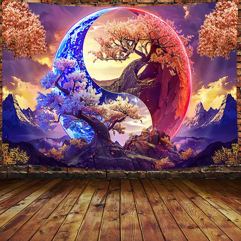 Yin Yang Tree Tapestry Cosmic Balance Art Zen Wall Hanging Meditation Room Decor Spiritual Symbol Mountain Landscape Boho 70x100CM