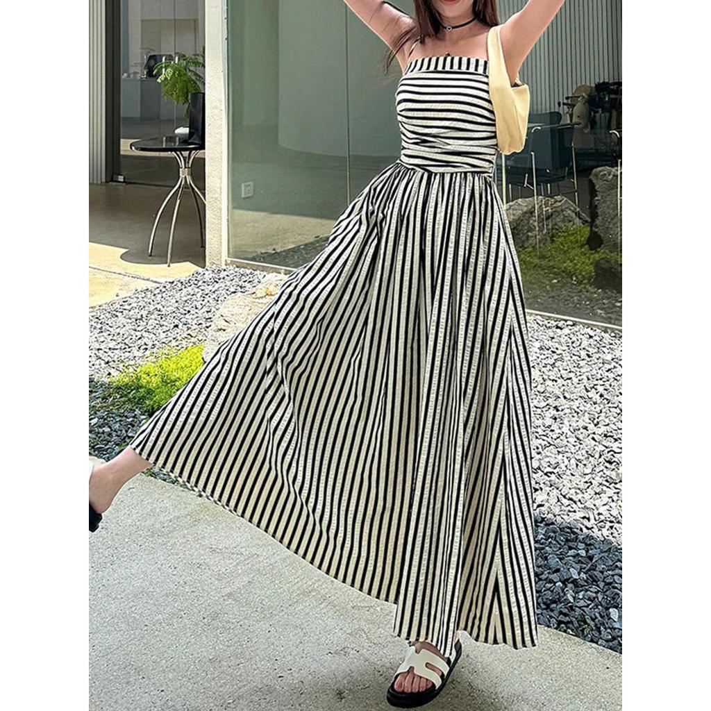 Summer New Striped Suspender Dress for Women, Elegant High Waisted Off Shoulder Maxi Dress, European American Style