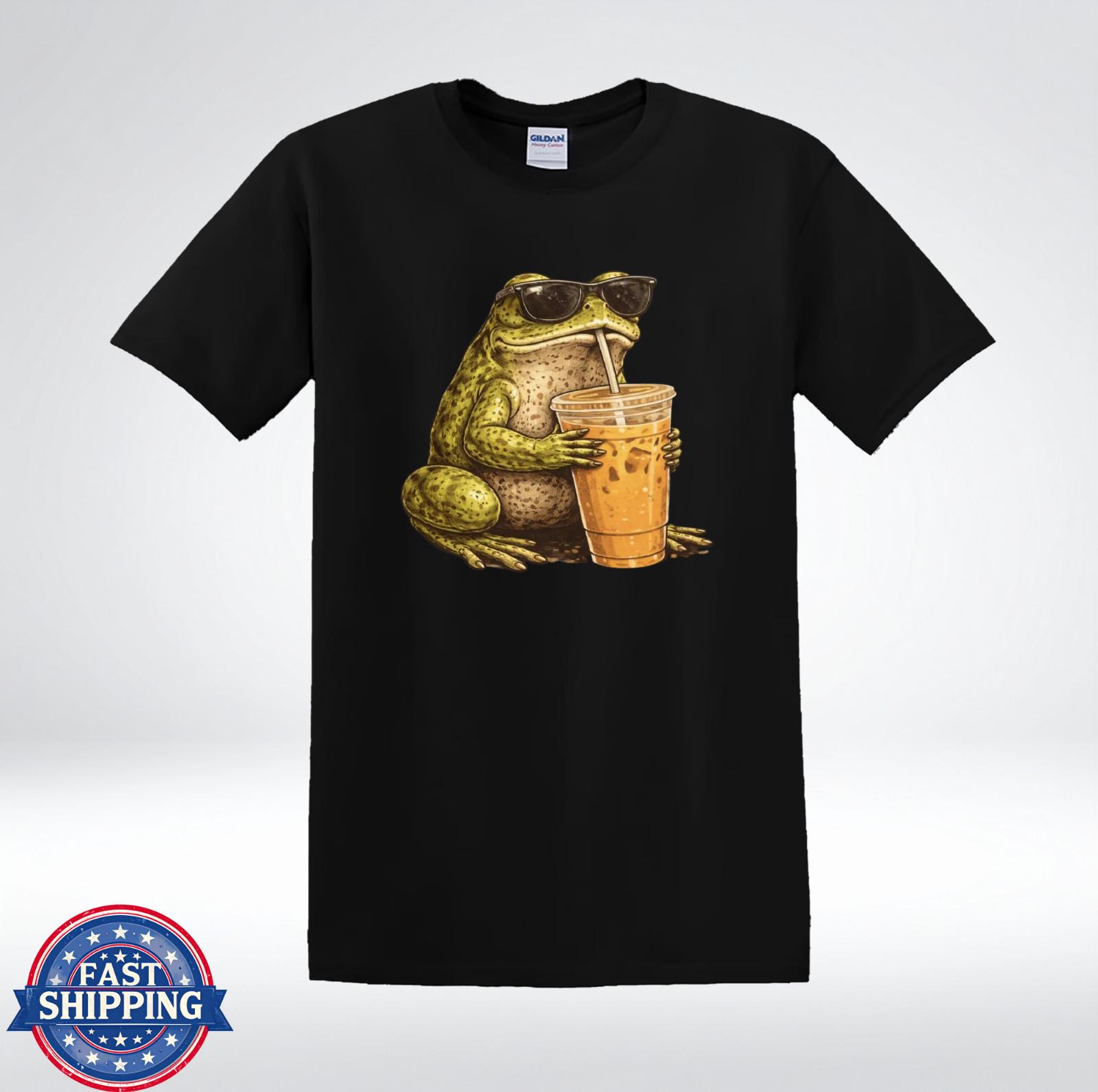Funny Frog Drinking Iced Coffee Shirt Cool Frog Sunglasses Tee T-Shirt M